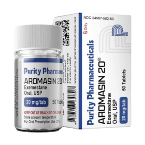 Doosje met een potje Aromasin 20 mg van Purity Pharmaceuticals, een aromataseremmer voor het verlagen van oestrogeenniveaus.