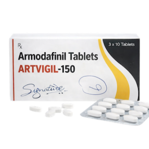 Vooraanzicht van Armodafinil 150 mg (Artvigil) – strip met doosje en losse tabletten.