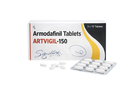 Vooraanzicht van Armodafinil 150 mg (Artvigil) – strip met doosje en losse tabletten.