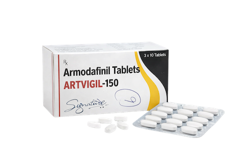 Rechter zijaanzicht van Armodafinil 150 mg (Artvigil) – strip met doosje en tabletten.
