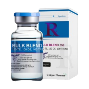 Doosje met een vial Bulk Blend van Unique Pharma, een mix van steroïden voor spiergroei en kracht tijdens bulking.