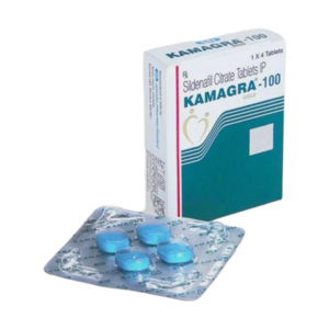 Afbeelding van een doosje en een strip Kamagra 100 mg, een medicijn voor de behandeling van erectiestoornissen en verbetering van seksuele prestaties.