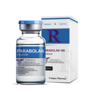 Doosje met een vial Parabolan van Unique Pharma, een krachtig anabool steroïde voor spiergroei en spierdefinitie.