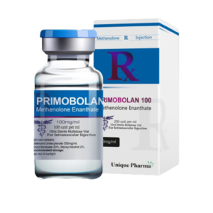 Doosje met een vial Primobolan van Unique Pharma, een mild anabool steroïde voor spierbehoud en vetverbranding.