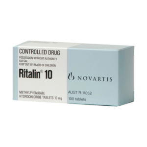 Afbeelding van een doosje Ritalin 10 mg, een medicijn met methylfenidaat voor de behandeling van ADHD en narcolepsie.