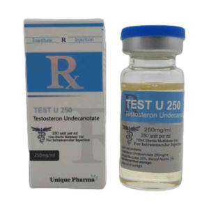 Doosje met een vial Testosterone Undecanoate van Unique Pharma, een langdurig werkende testosteron voor spieropbouw en hormonale balans.