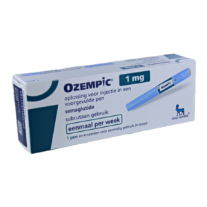 Afbeelding van een doosje Ozempic 1 mg, een injectiepen voor de behandeling van type 2 diabetes en gewichtsbeheersing.