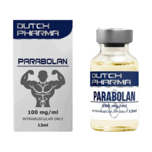 Afbeelding van een doosje en een vial Parabolan van Dutch Pharma, een krachtige injecteerbare steroïde voor spiergroei en krachttoename.