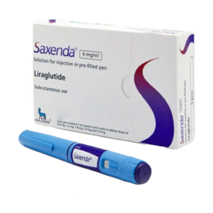 Afbeelding van een Saxenda verpakking met een injectiepen, gebruikt voor gewichtsverlies bij mensen met overgewicht of obesitas.