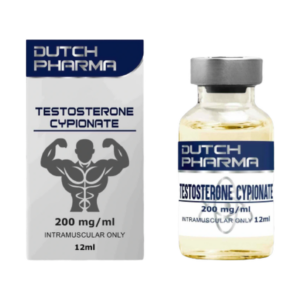 Afbeelding van een doosje en een vial Testosterone Cypionate van Dutch Pharma, een injecteerbare testosteronoplossing voor hormoonvervanging en spiergroei.