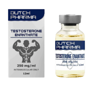 Doosje met een vial Testosterone Enanthate van Dutch Pharma, een anabool steroïde voor spiergroei en krachtverbetering.