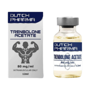 Doosje met Trenbolone Acetate van Dutch Pharma, inclusief een glazen vial met professionele anabole steroïde.