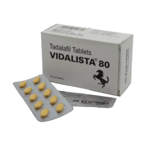 Doosje met een strip Vidalista 80 mg, een krachtige tadalafil-behandeling voor ernstige erectiestoornissen.