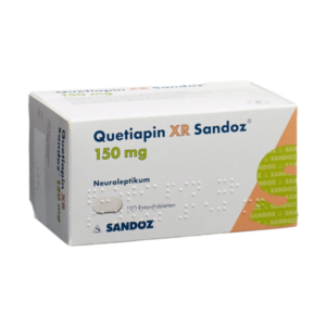 Afbeelding van een doos Quetiapine 100 mg van Sandoz, een antipsychoticum voor de behandeling van bipolaire stoornis en schizofrenie.