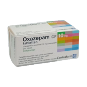 Afbeelding van een doosje Oxazepam 10 mg van Centrafarm, een kalmeringsmiddel voor de behandeling van milde angst, spanning en slaapstoornissen.