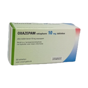 Afbeelding van een doosje Oxazepam 10 mg van Ratiopharm, een kalmeringsmiddel voor de behandeling van milde angst, spanning en slaapproblemen.