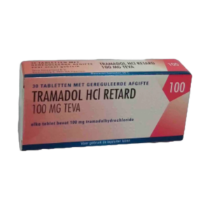 Afbeelding van een doosje Tramadol 100 mg retard van Teva, een pijnstiller met vertraagde afgifte voor de behandeling van matige tot ernstige pijn.