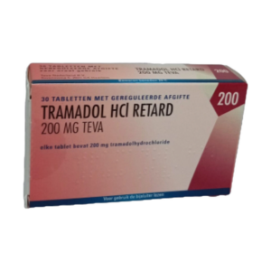 Afbeelding van een doosje Tramadol 200 mg retard van Teva, een krachtige pijnstiller met vertraagde afgifte voor langdurige pijnbestrijding.