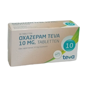 Afbeelding van een doosje Oxazepam 10 mg van Teva, een kalmeringsmiddel voor de behandeling van angst en slaapproblemen.