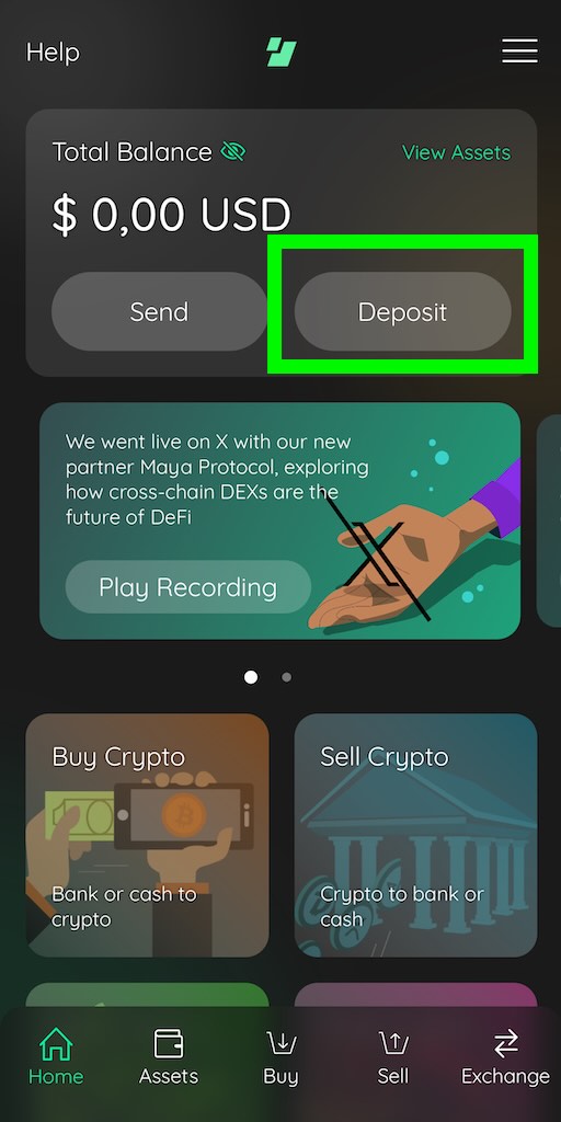 Edge-app openen en “Deposit” selecteren voor Bitcoin-betaling.