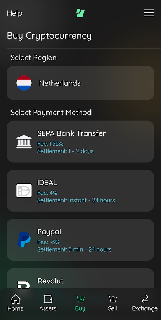 Selecteer betaalmethode in Edge-app voor Bitcoin-betaling.