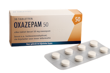Generieke Oxazepam 50 mg tablet strip met doosje – benzodiazepine geneesmiddel