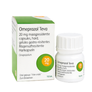Omeprazol Teva 20 mg maagresistente capsules – doosje met potje rechts schuin voor