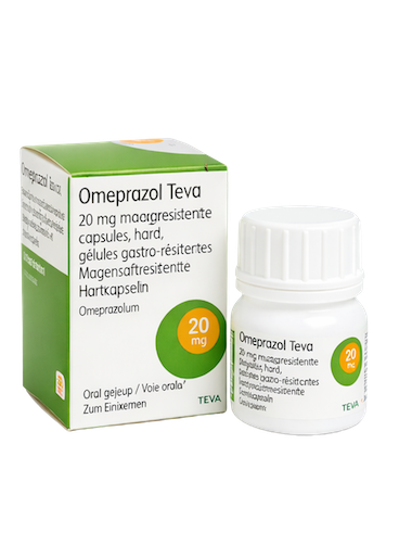 Omeprazol Teva 20 mg maagbeschermer – doosje en potje rechtsvoor vanuit andere hoek