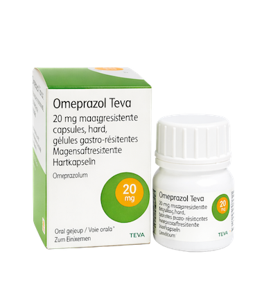 Omeprazol Teva 20 mg maagresistente capsules – doosje met potje rechts schuin voor