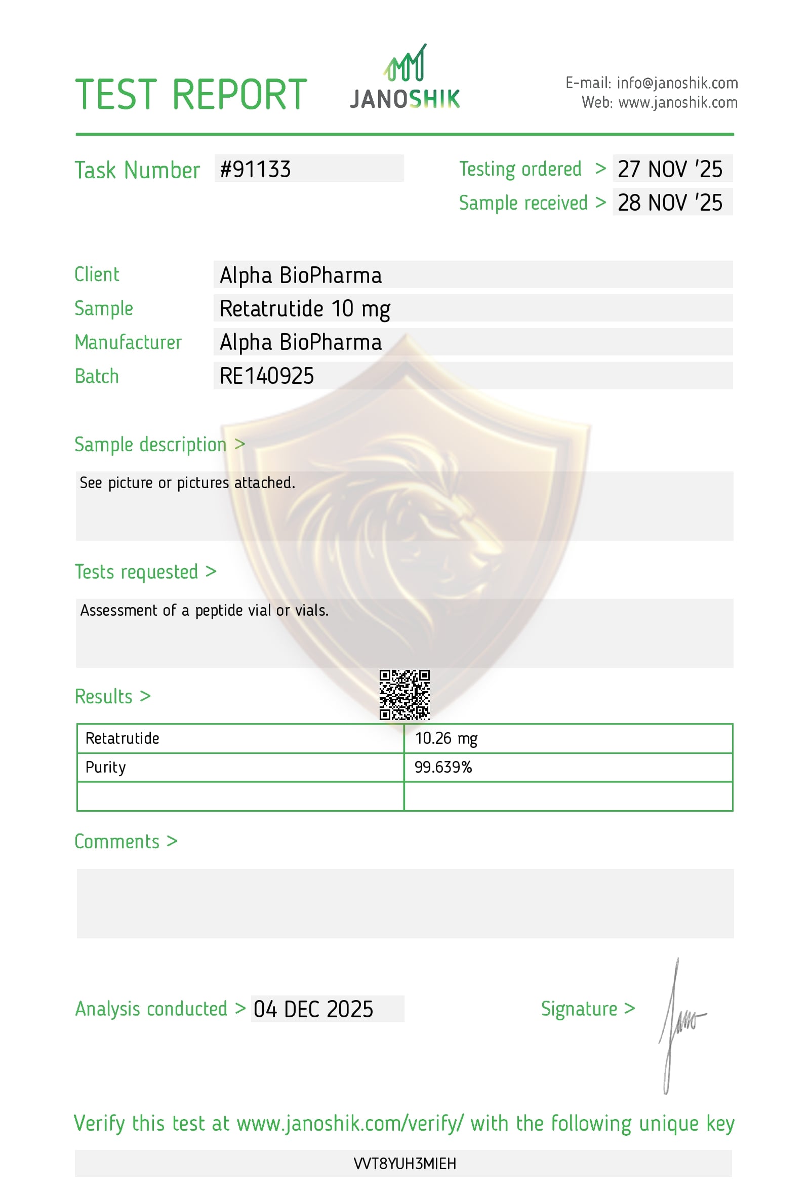 Janoshik labtest van Retatutride met zuiverheidsanalyse
