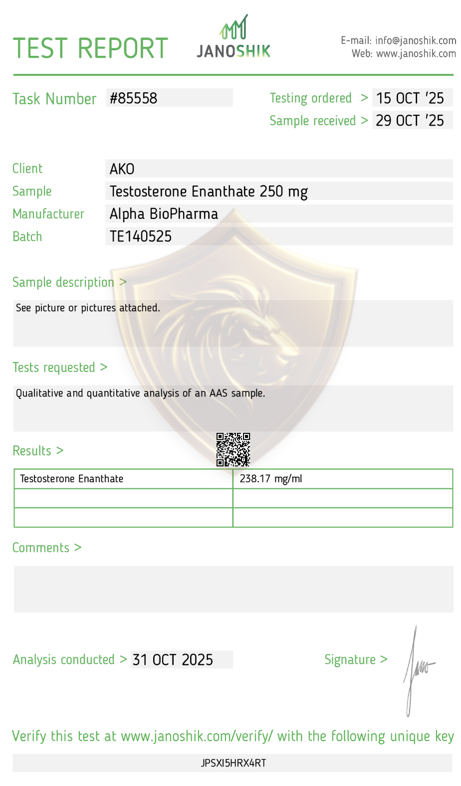 Testosteron Enanthate labtest door Janoshik