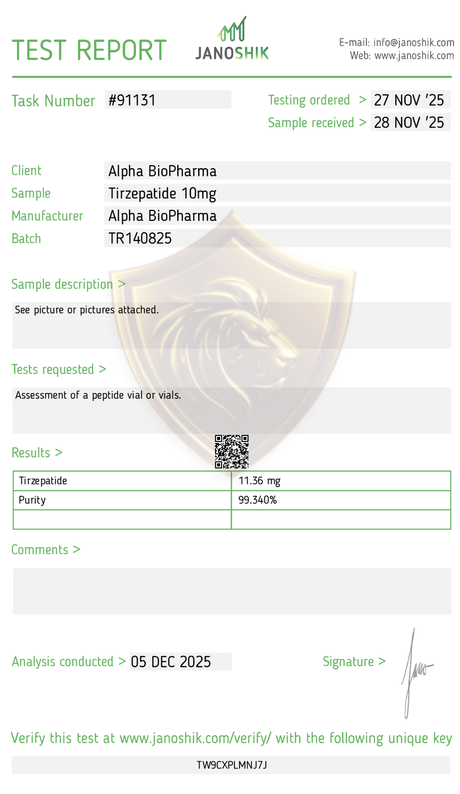 Tirzepatide labtest van Janoshik